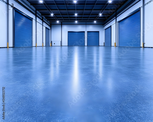 Empty warehouse interior with polished floor and multiple blue roll-up doors