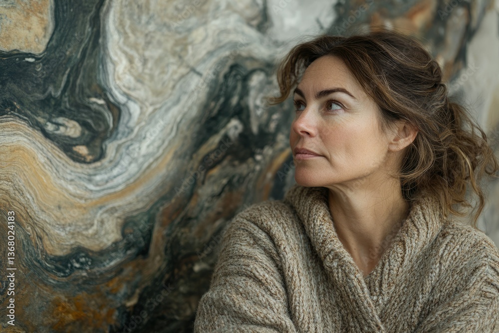 Naklejka premium A pensive middle-aged woman gazes thoughtfully against a backdrop of swirling marble.