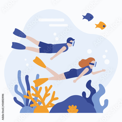 Two people are swimming in the ocean wearing scuba gear. The woman is wearing a blue wetsuit and the man is wearing a blue wetsuit