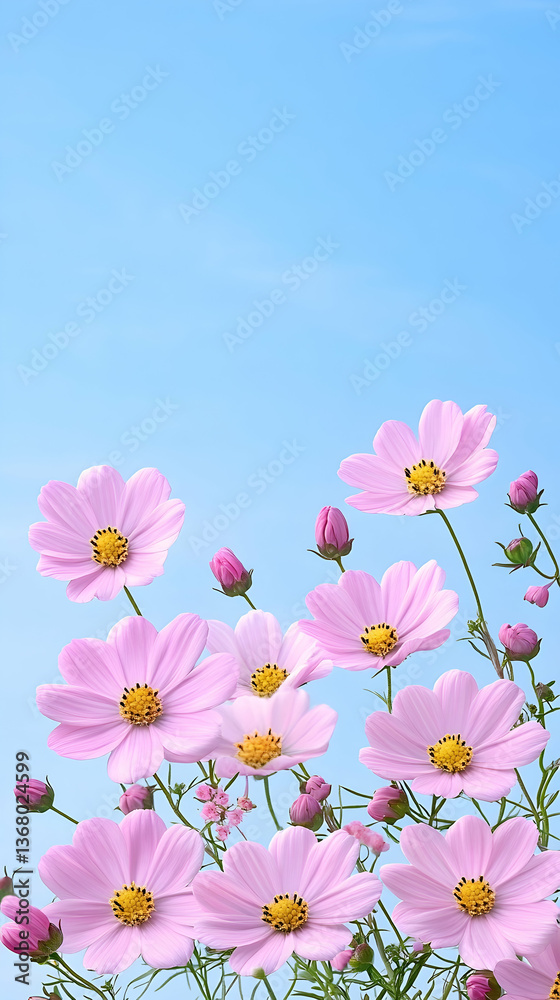 Delicate pink cosmos flowers against a clear blue sky Delicate pink cosmos flowers against a clear blue sky