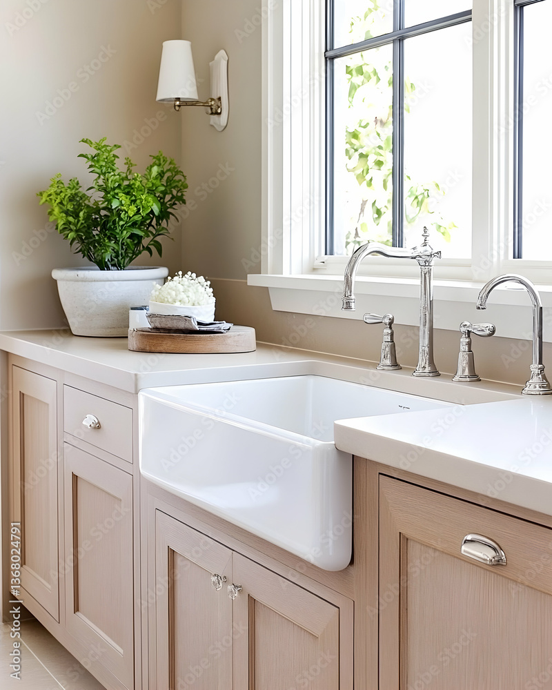Fototapeta premium Farmhouse style kitchen sink with light wood cabinets and white countertop