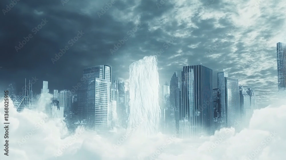 Fototapeta premium A majestic city emerges from the clouds, a breathtaking spectacle of towering skyscrapers and a frozen waterfall, bathed in ethereal light.