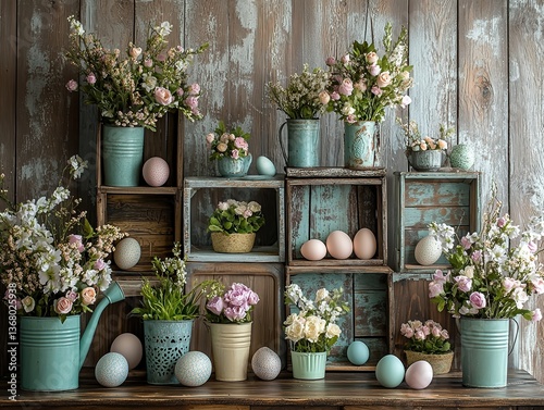 Rustic spring flowers in pastel pots with Easter eggs on wooden shelf, charming floral decor mixing blossoms with seasonal holiday details.