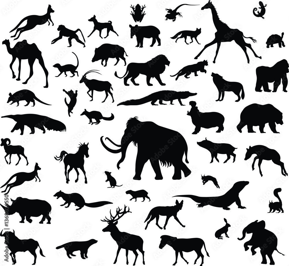 Obraz premium Silhouette Animal Vector Collection, Dog, Horse, Elephant, Cat, Bear, Wolf, Lion, Deer, Tiger, Giraffe, and Farm Animals Isolated on White