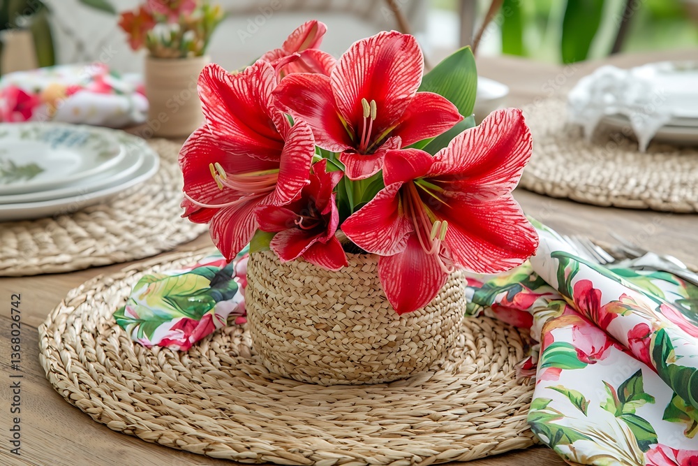 Naklejka premium Vibrant Red Amaryllis Flowers in a Woven Basket Centerpiece on a Table Setting.