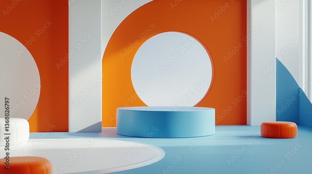 Vibrant Modern Display Platform in Orange, Blue, and White Vibrant Modern Display Platform in Orange, Blue, and White