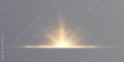 A translucent light effect with soft golden rays radiating upwards from a central flash. The element is isolated on a transparent background, suitable for use in design, editing and visual effects.