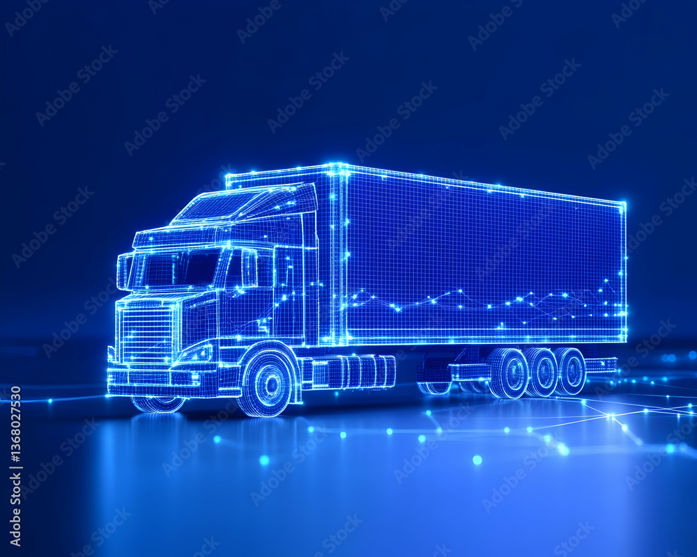 Digital rendering of a semi-truck trailer, glowing blue lines forming its shape on a dark background Digital rendering of a semi-truck trailer, glowing blue lines forming its shape on a dark background