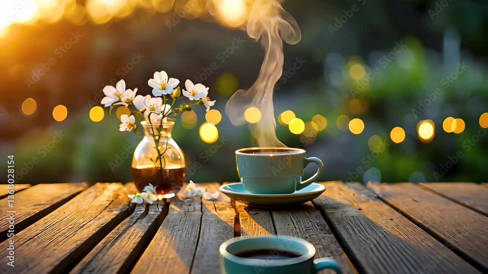 Hot coffee cup with steam rising on wooden table in outdoor garden setting
