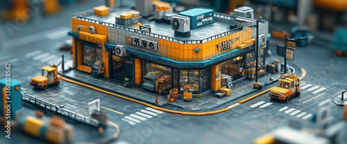 Miniature urban scene, store with delivery vehicles