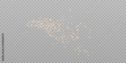 A flow of soft golden sparks with a moving effect on a transparent background. The glowing particles create a sense of magic and are suitable for visual effects, holiday designs and illustrations.