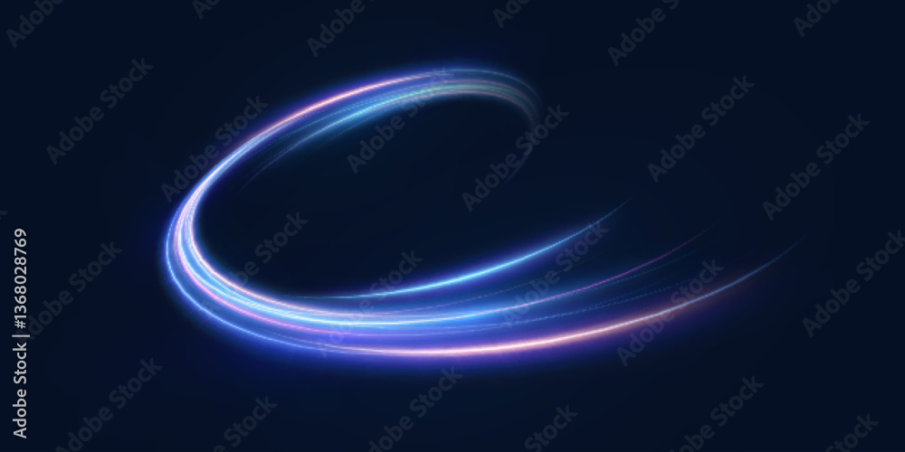 Naklejka premium Neon Light Trail. Vibrant blue and purple lines create a sense of speed of light beams and energy - for digital design and technology.