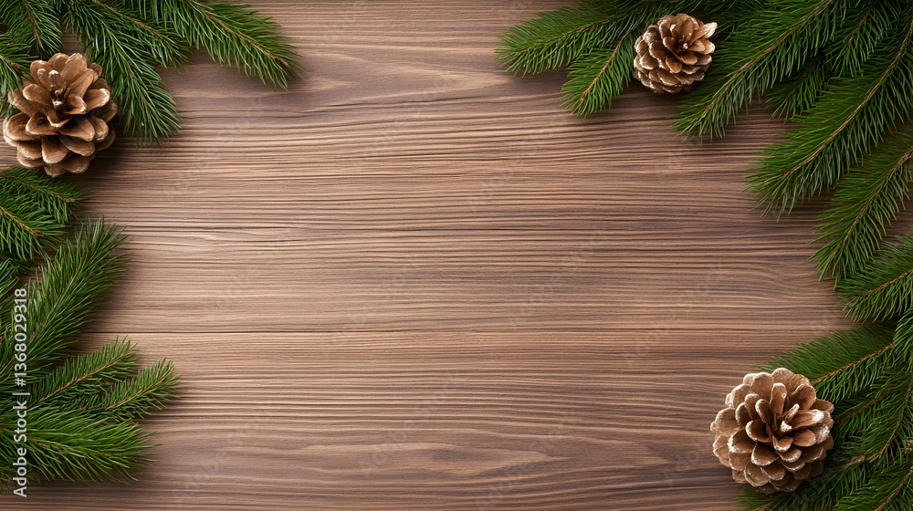 Fototapeta premium Festive wood background with pine branches and cones, creating a winter holiday frame