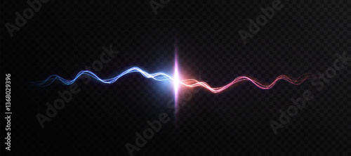 Glowing blue and red energy waves meet in a brilliant flash against a dark background. A dynamic symbol of connection, fusion or magical clash in a sci-fi or fantasy context.