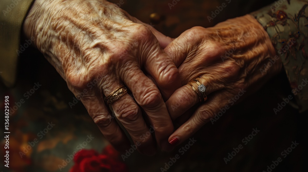 Fototapeta premium National Honesty Day. An elderly couple's intertwined hands, subtle wedding rings, telling a lifetime of shared truths