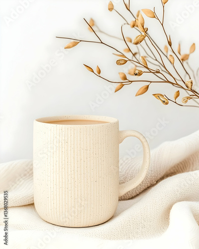 Cozy autumn scene beige mug of coffee on cream knit fabric with dried floral branch
