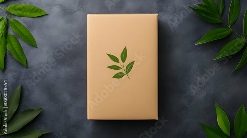 Eco-friendly kraft box with leaf design, surrounded by greenery on dark background