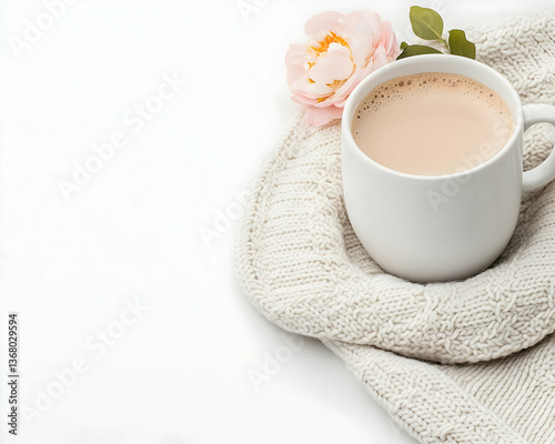 Cozy autumn scene coffee cup on knitwear with a rose