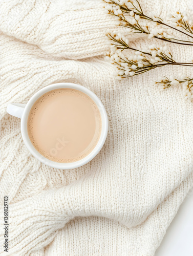 Cozy autumn scene coffee in a mug on a knitted blanket with dried flowers