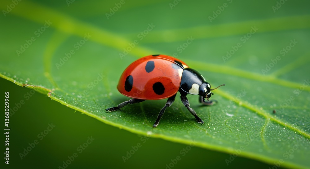 Close-up of a ladybug crawling on a green leaf in a vibrant natural setting Close-up of a ladybug crawling on a green leaf in a vibrant natural setting