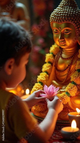Vesak, Buddha Purnima. Young boy is holding a pink flower in front of a gold statue of Buddha. Concept of peace and spirituality