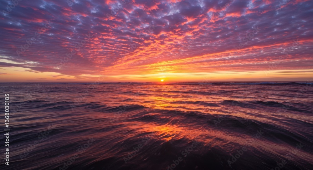 Obraz premium Stunning sunset over calm ocean waters with vibrant clouds reflecting warm colors