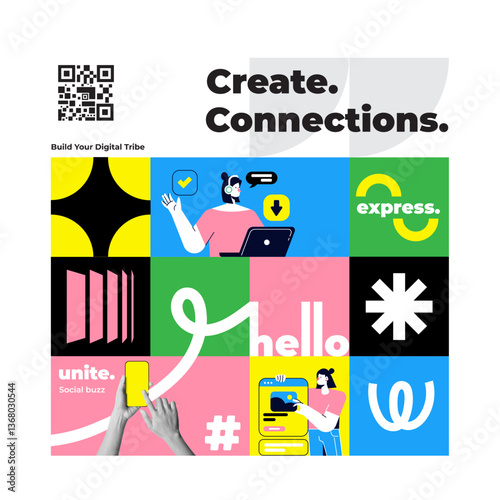 Geometric collage of diverse characters, active users or bloggers, influencers creating selling content, sharing with their followers, with like, comment, save icons below. Art collage, Modern art col