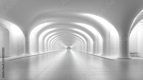 Infinite white tunnel, architectural marvel.  Light reflects, creating depth