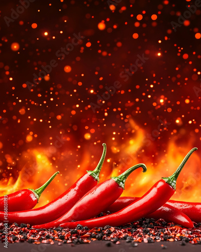 Fiery red chili peppers against a dramatic flame backdrop