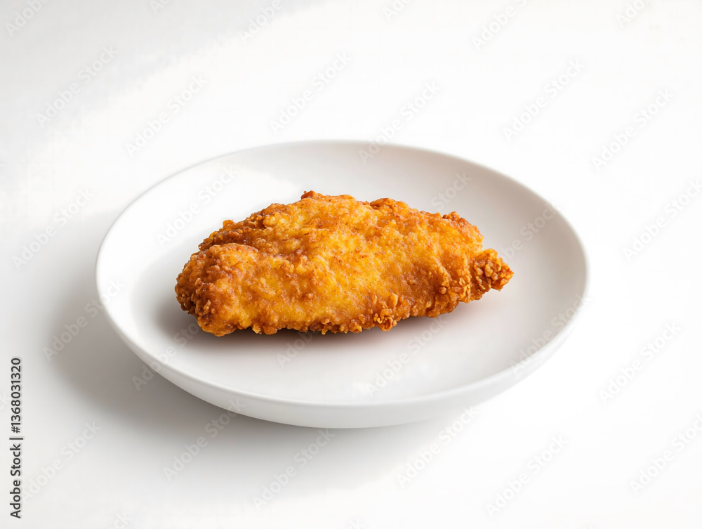 A crispy and golden fried chicken fillet is served on a minimalist white plate. A crispy and golden fried chicken fillet is served on a minimalist white plate.