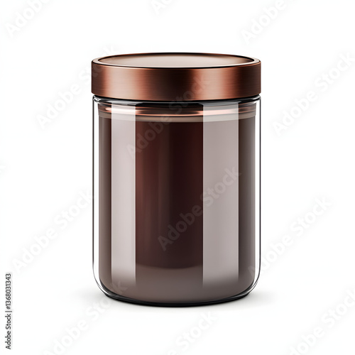 Realistic photo of a vacuum-sealed glass coffee canister with copper lid against a clean white background featu ample copy space for text or design use