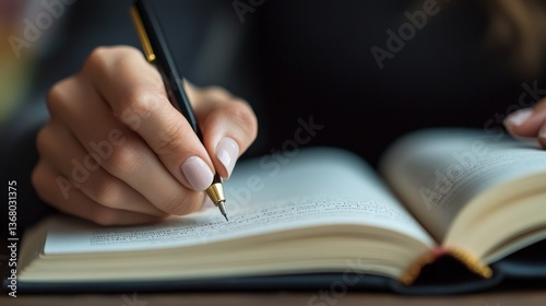 Close-up of hand writing in open book with pen