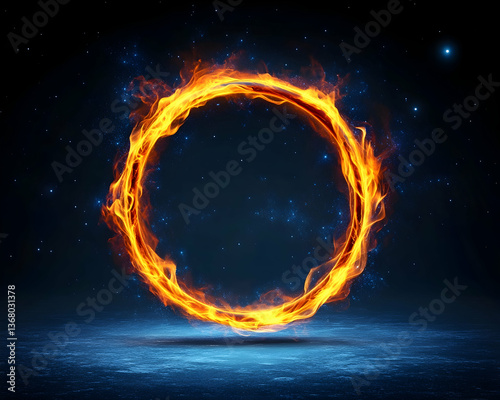 Fiery ring of fire against a dark, starry night sky, reflecting on a cool surface