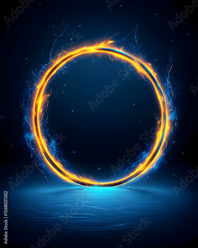 Fiery ring of light on dark blue background