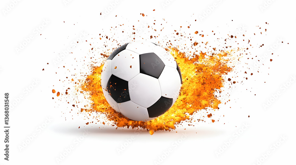 Fototapeta premium Fiery soccer ball exploding with embers on white