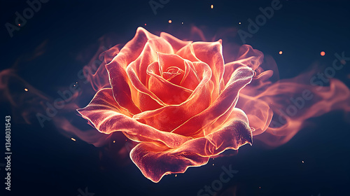 Fiery rose engulfed in flames, glowing embers, dark background