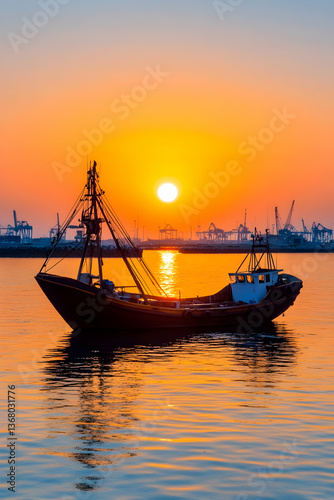 Fishing vessel silhouetted against a vibrant sunrise over a calm harbor with industrial port in the background