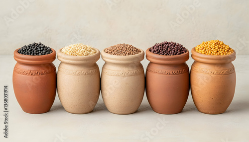 Five clay pots filled with various dried legumes and seeds
