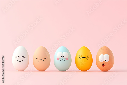 Five eggs with different cartoon faces on a pink background