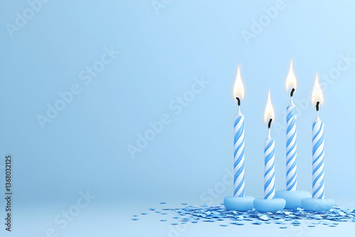 Five lit blue striped birthday candles on pastel blue background with confetti