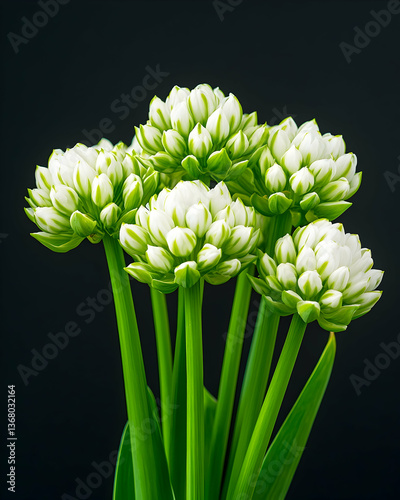 Five pristine white flowers with green stems against a black background