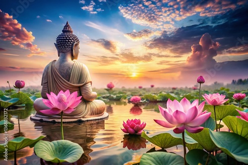 Serene Buddha Statue with Lotus Flower Panoramic Landscape