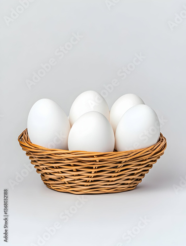 Five white eggs nestled in a small, light brown wicker basket against a plain white background