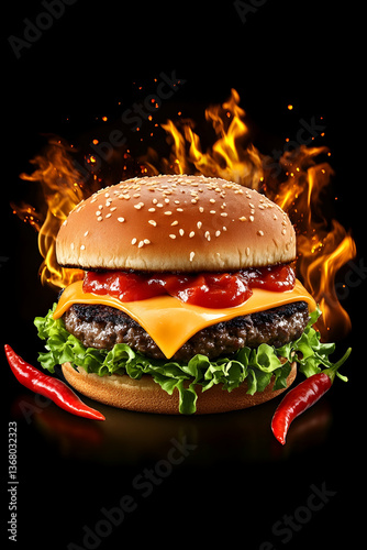 Flaming cheeseburger with lettuce, tomato, and chili peppers