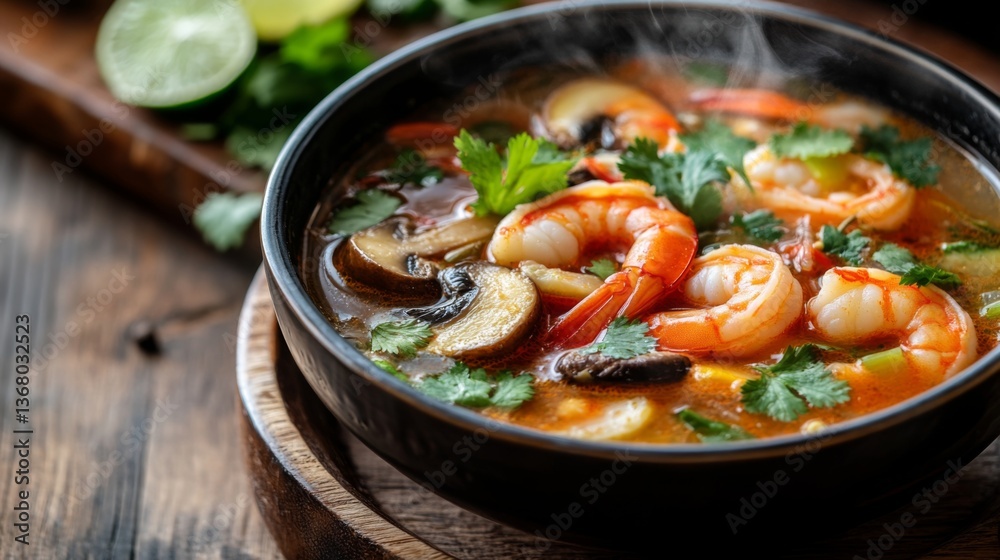 A close-up of a steaming bowl of with vibrant shrimp, mushrooms, and herbs, garnished with cilantro and lime, set on a rustic wooden table. A close-up of a steaming bowl of with vibrant shrimp, mushrooms, and herbs, garnished with cilantro and lime, set on a rustic wooden table.