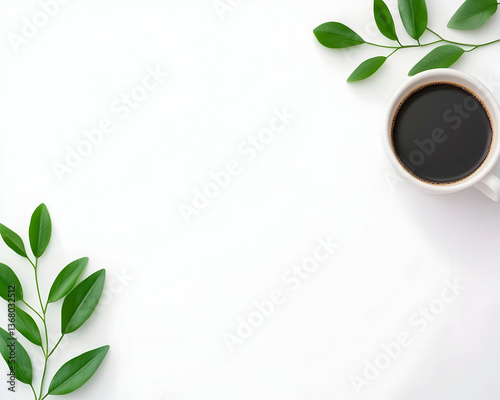 Flatlay of coffee cup and green leaves on white background