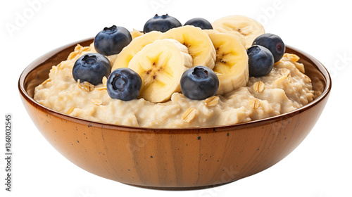 A bowl of oatmeal topped with bananas and blueberries