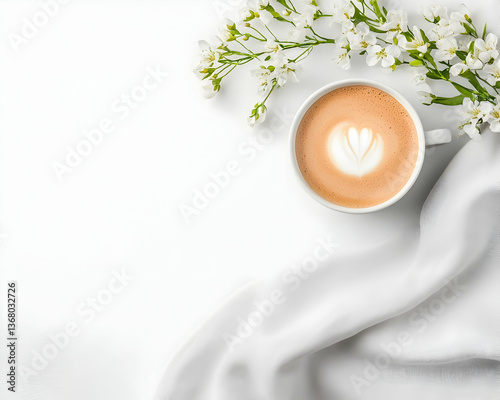 Flatlay of latte art coffee, white flowers, and fabric on white background