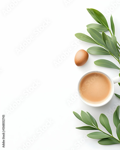 Flatlay of coffee, seed, and green leaves on white