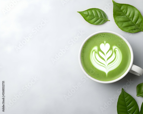 Flatlay of matcha latte with latte art and green tea leaves